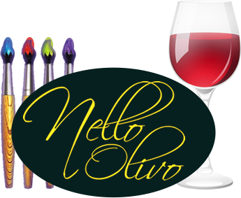 Nello Olivo logo with paint brushes and glass of wine