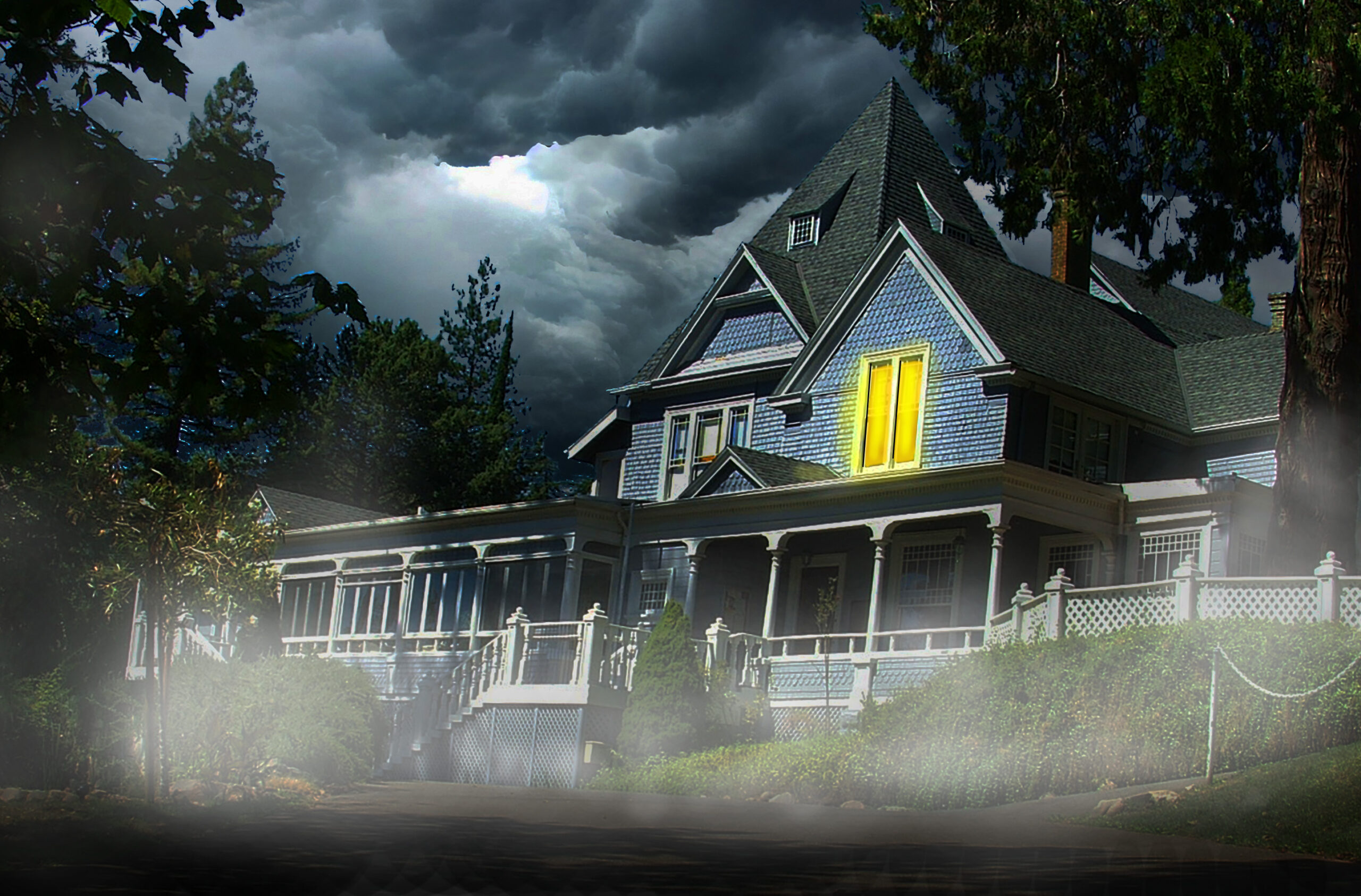 Sequoia mansion, spooky, dark skies.