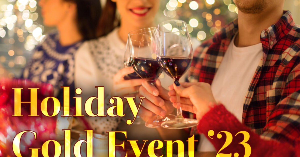 People enjoying wine at a holiday event.