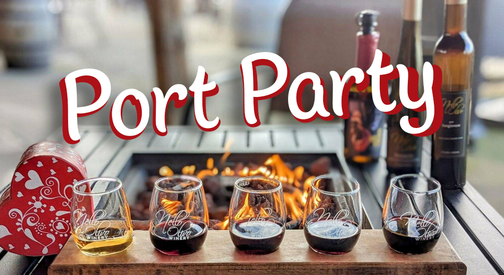 Port Party, 5 small glasses of port style dessert wines near a cozy patio firepit.