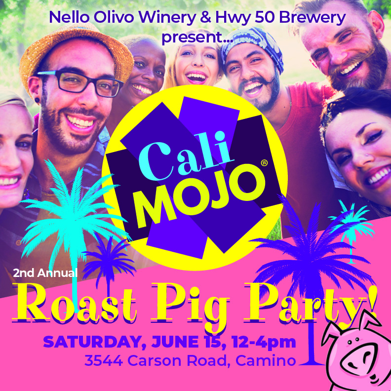 Happy faces, CaliMojo logo, Roast Pig Party message.