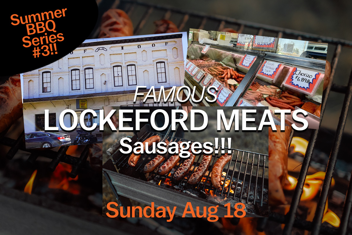 Lockeford Meats building and sausages on the grill.