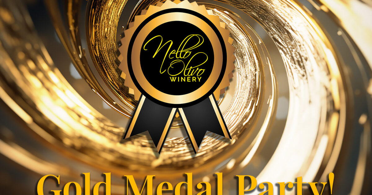 Gold swirl with Nello Olivo logo "gold medal party."