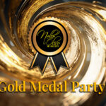 Gold swirl with Nello Olivo logo "gold medal party."