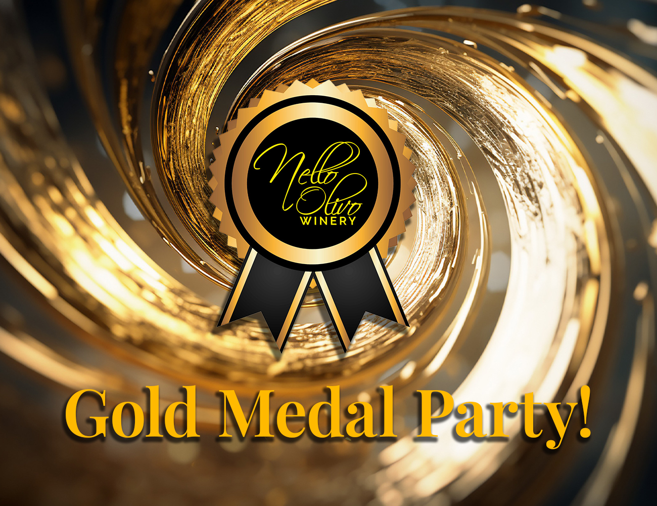 Gold swirl with Nello Olivo logo "gold medal party."