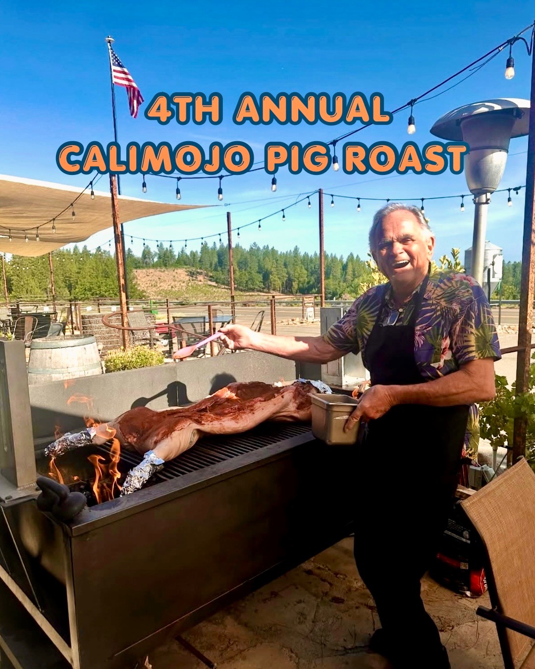 Man cooking pig on a spit over filre.